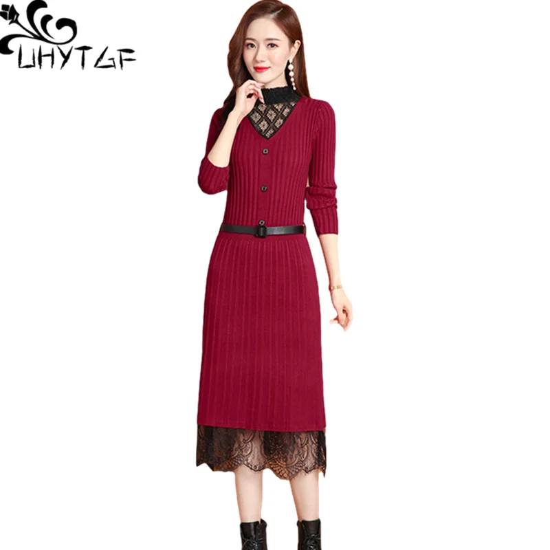 UHYTGF Knitted Autumn Winter Dress Women Fashion Lace Stitching Bottoming Clothes New Pullover Elegant Female Sweater Skirt 1403