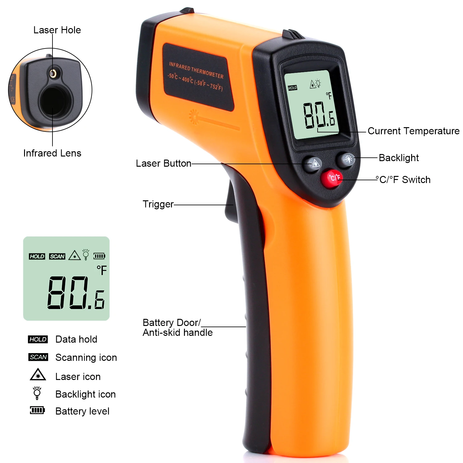 RZ Infrarot Thermometer Digital Non-Kontakt Laser Temperatur Sensor Controller -50-400 ℃ /-58-752 ℉Digital Handheld Pyrometer