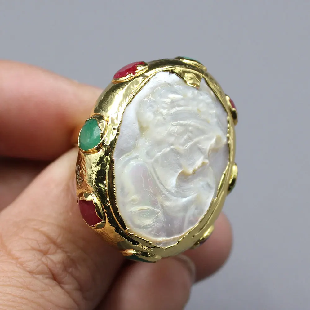 Natural Shell Pearl Beauty Red Green Jades Gold Color Plated Ring Adjustable Handmade For Lady