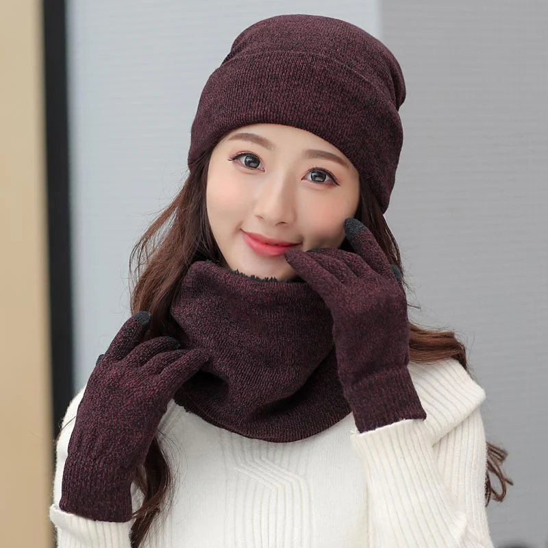 Women Winter Hats Scarves Gloves Kit Fashion Knitted Plus Velvet Hat Scarf Set For Male Female 3 Pieces/Set Beanies Scarf Glove