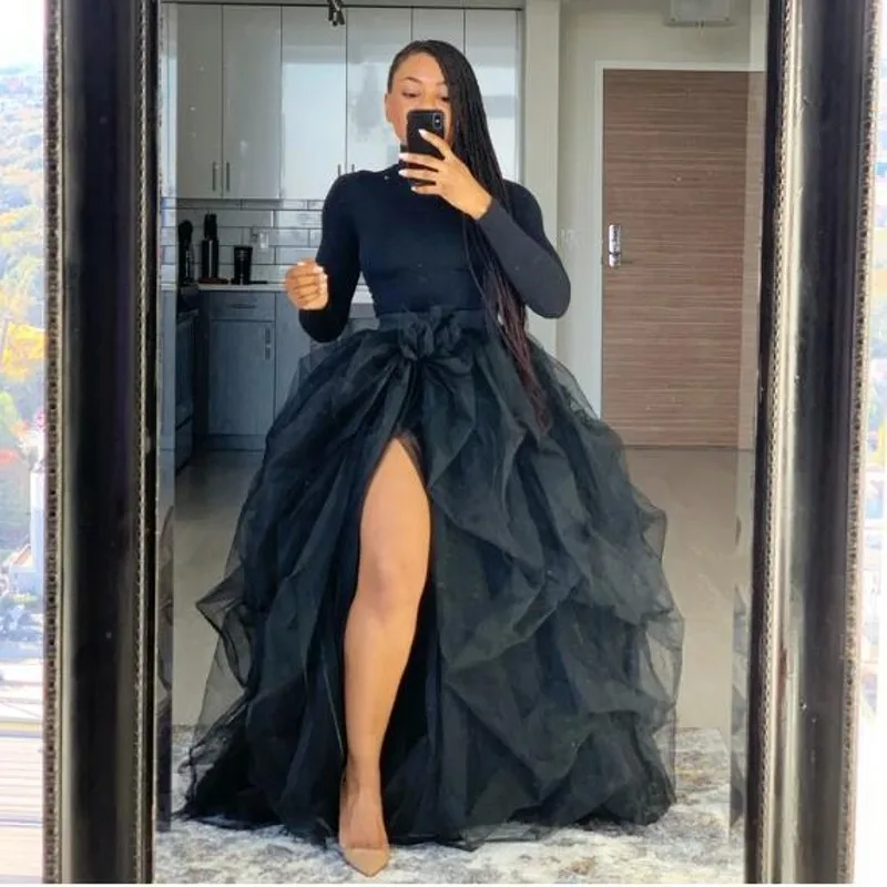 Women Elegant Tulle Tutu Long Skirt Maxi Skirt High Waist Mesh Split Layered Dress Wedding Night Out Party A-Line Puffy Skirt