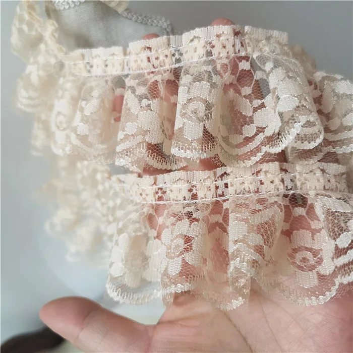 5cm Wide Exquisite Apricot 3d Pleated Cotton Embroidery Flowers Lace Folds Sewing Collar Applique Ruffle Dress Trim Fringe Decor