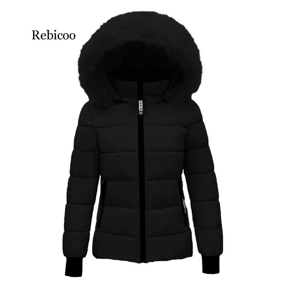 Women Faux Fur Collar Coat Down Cotton Jacket Fall Winter Thicken Warm Minimalist Hooded Outdoor Windproof Casual Coat