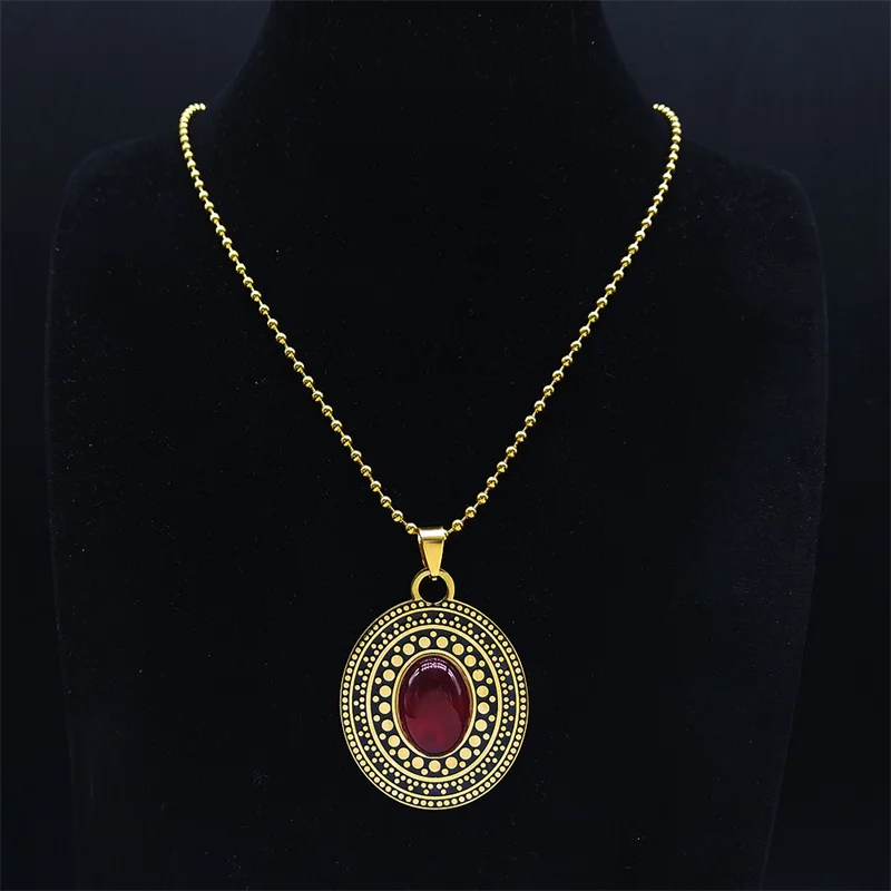 Bohemia Red Natural Stone Stainless Steel Oval Necklace Chain Women Gold Color Flower Necklace Jewelry cadenas mujer N3606S04