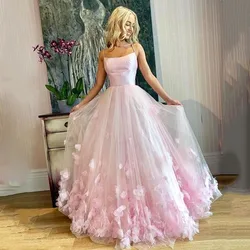 Elegant Pink Sweet 16 Prom Gowns Tulle Spaghetti Straps 3D Flowers Tulle Evening Dress Women Formal Party Dresses robe de soriee