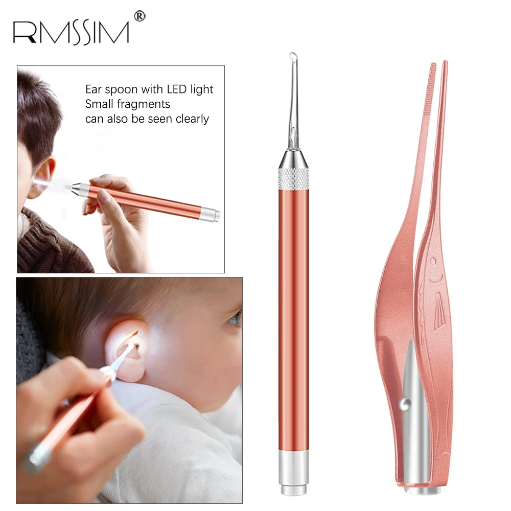 Baby Ear Cleaner Spoon LED Flash Light Ear Wax Curette Picker Visual Children Earpick Eer Wax Dig Remover Nose 2pc siliconespoon