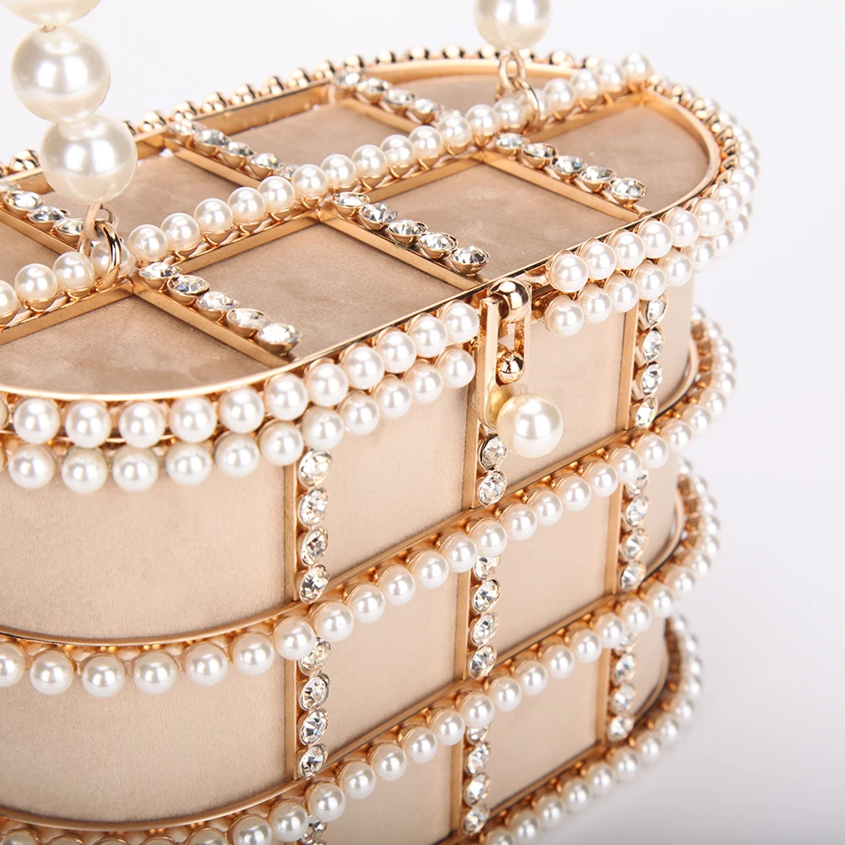 Luxury pearls Rhinestones handbag Women designer elegant Metal Cage Velvet Evening Clutch Purse Chic Hollow Out Shoulder Bags