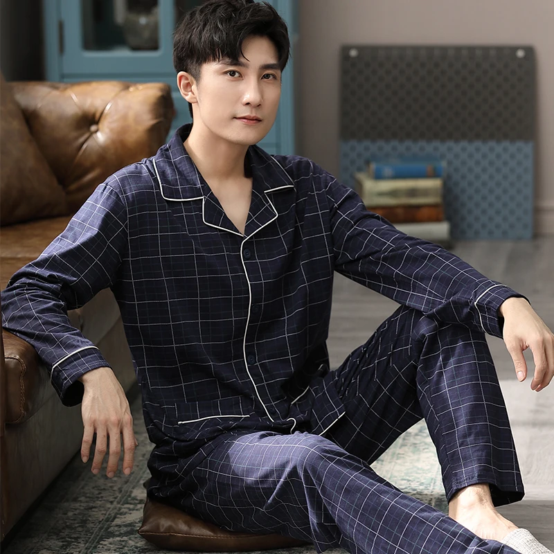 Inverno pijamas de algodão homem pijamas azul escuro xadrez pijama homme coreano quente pijamas hombre invierno algodão homewear plus tamanho