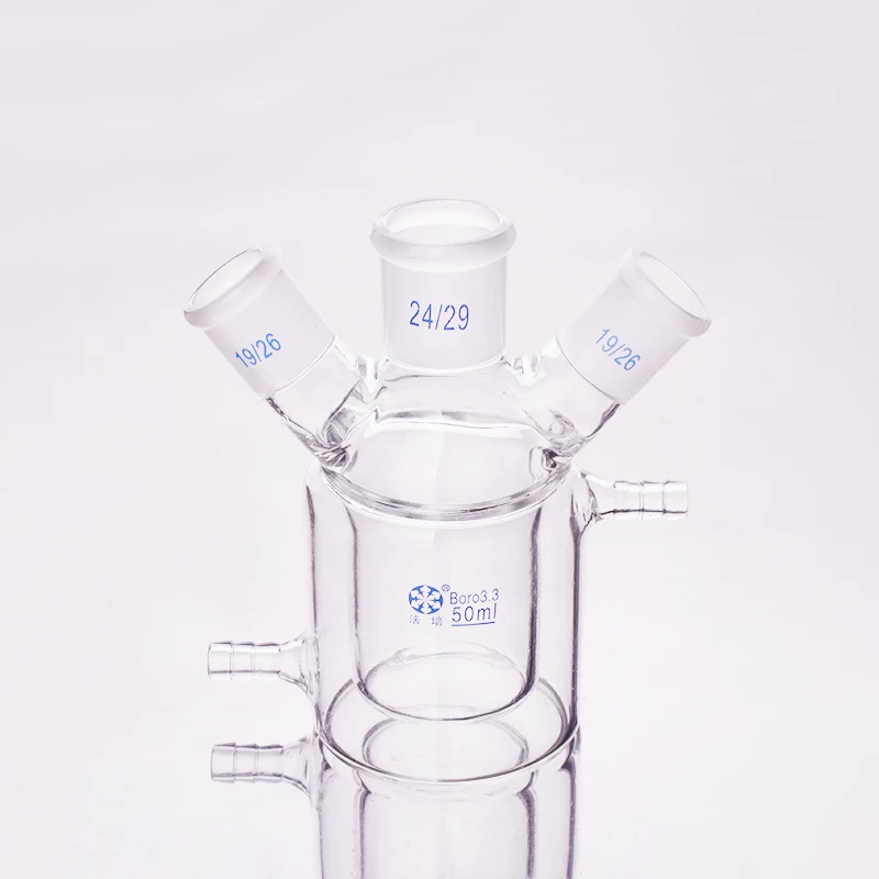 

Double-deck cylindrical three-necked bottom flask,Capacity 50ml,Mide 24/29, Side 19/26, Mezzanine jacketed reactor bottle