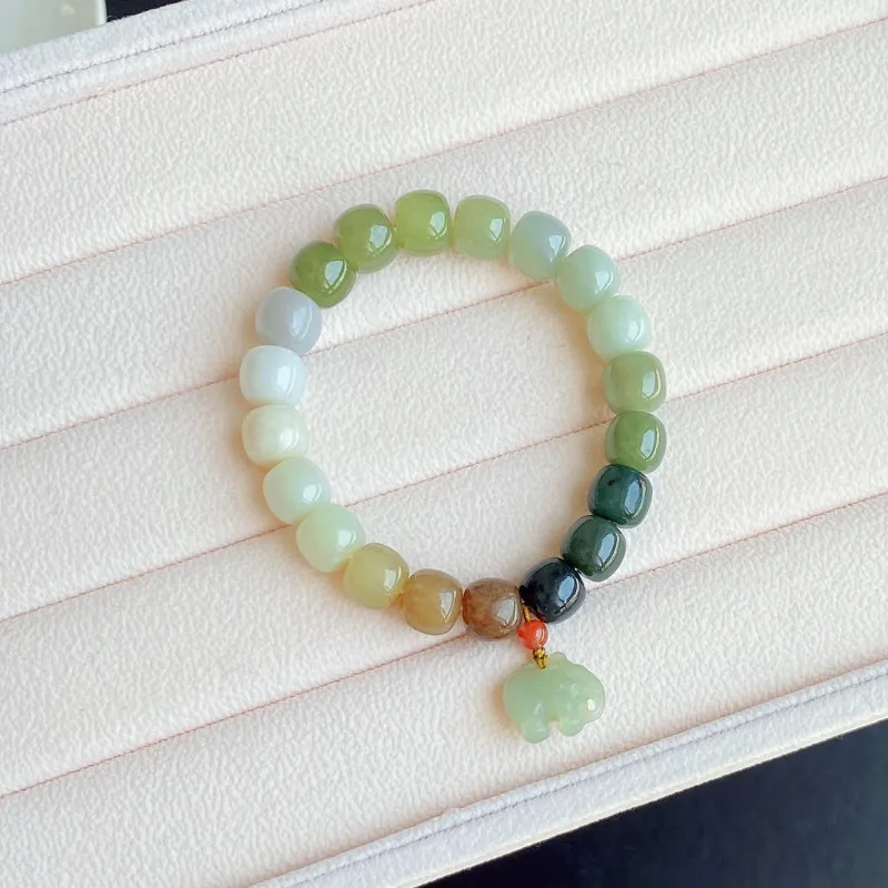 Natural Stone Hetian Jade Beaded Bracelet White-Green Jade Beads Elephant Pendant Stretch Charm Bracelet Prayer Energy Jewelry