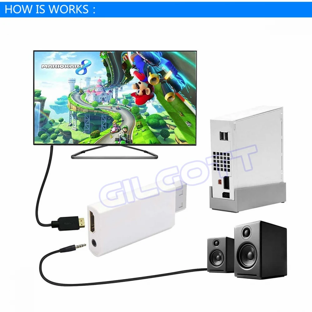 Adaptador de Wii para HDMI, Full HD 1080P Wii2HDMI, conversor de áudio 3,5mm para telas, monitores de PC e HDTV