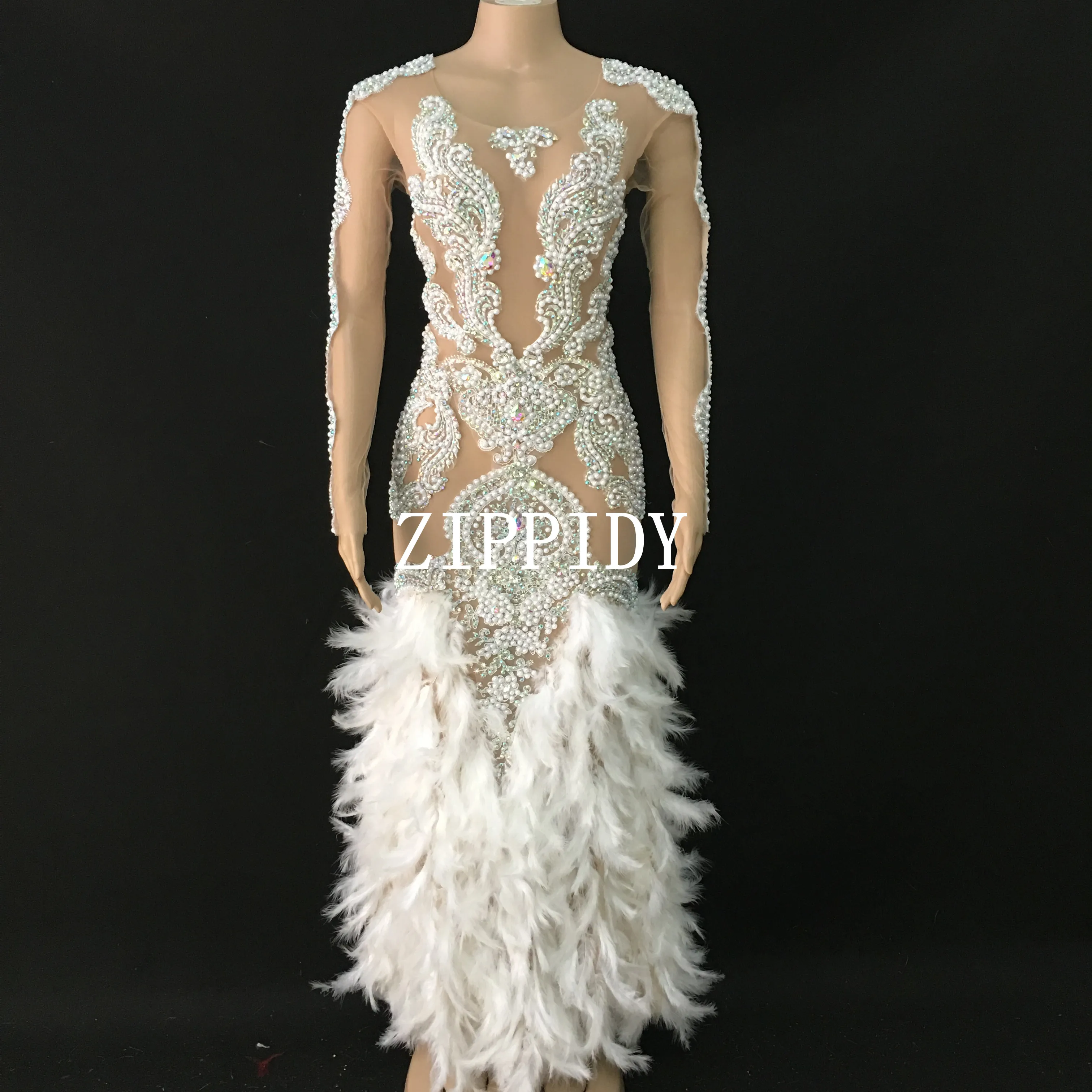 See Through AB Stones Pearls Dress White Feather Prom Outfit Bar Women\'s Birthday Celebrate Dress Dancer Long Dresses