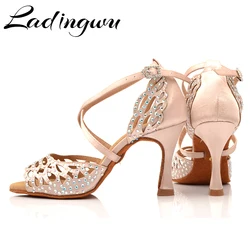 Ladingwu Woman Laser Rhinestone Latin Dance Shoes For Women Skin Color Black Satin Salsa Latin Shoes Sneakers Dance Shoes