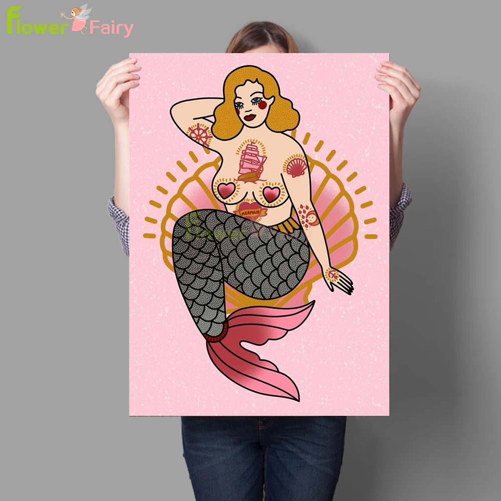 

Cartoon Sexy Mermaid Vintage Girl Wall Art Canvas Painting Wild Animals Nordic Poster Wall Pictures For Living Room Unframed