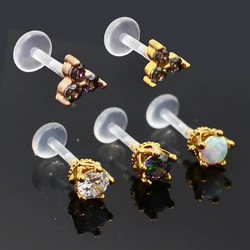 1PC Gold Crown Opal Gem Bioplast Flexible PTFE Labret Stud Lip Ring Ear Tragus Helix Earrings Fashion Body Piercing Jewelry 16g