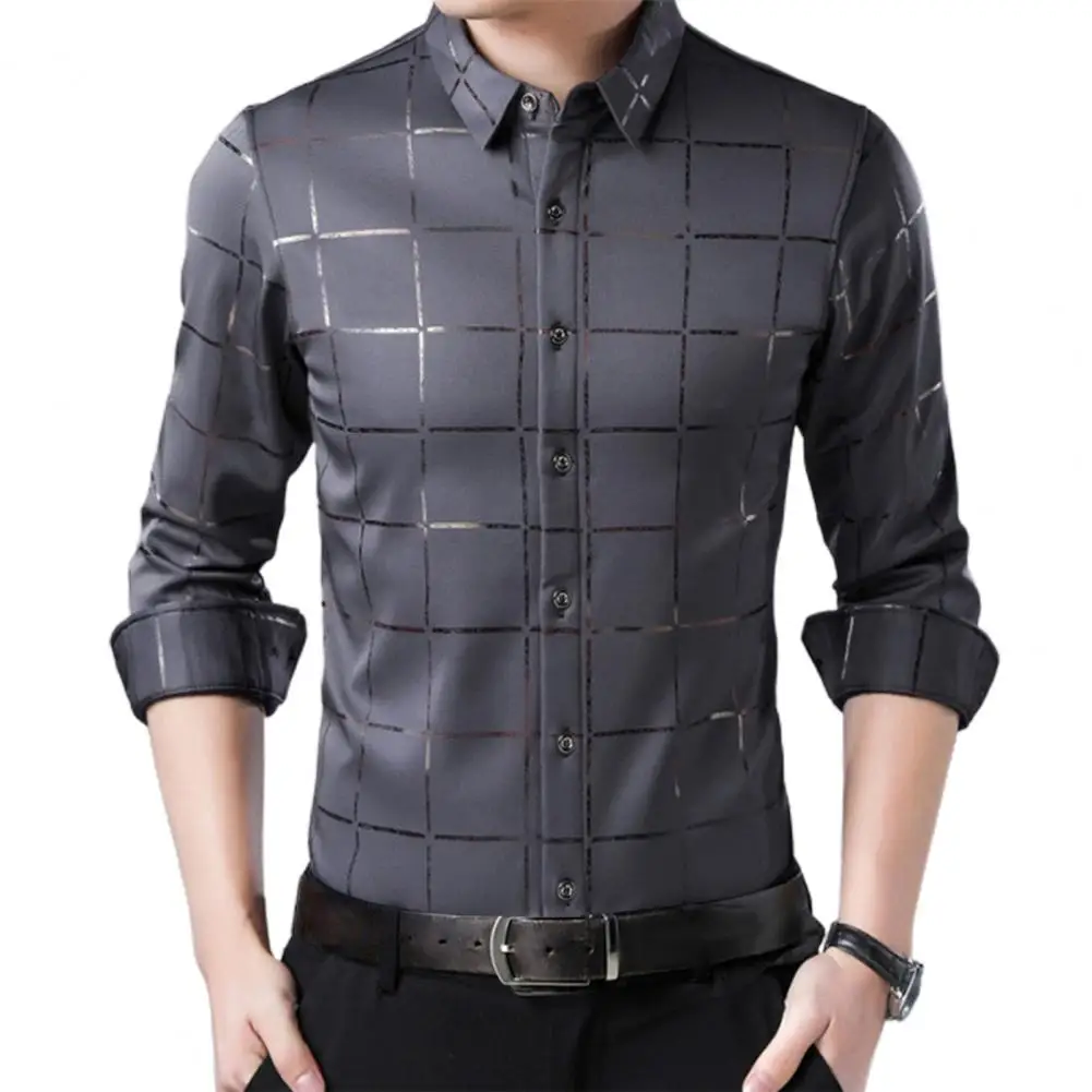 Slim Male Dress Shirt Large Plaid Satin Surface Non-iron Turn Down Collar Single Breasted Casual Business Shirts for Men