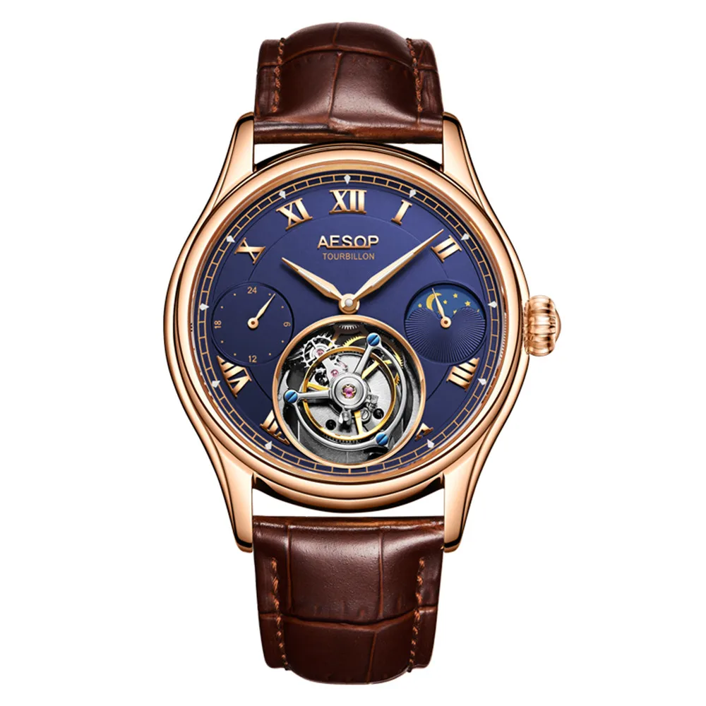 

AESOP 2020 New Men Watches Real Tourbillon Clock Man Top Brand Luxury Hand Wind Mechanical Watch Moon Phase Relogio Masculino