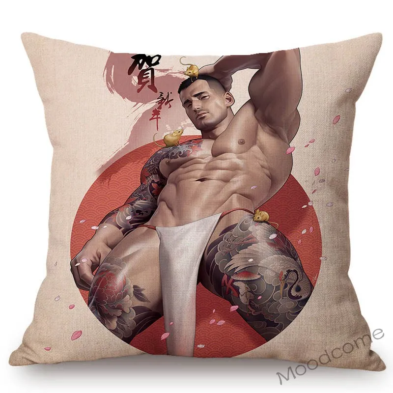 Funda de cojín de dibujos animados para hombre, cubierta Sexy del zodiaco chino, Feliz Año Nuevo, para gimnasio, arte Gay