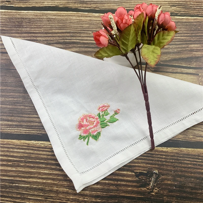 Set of 12 Handkerchiefs White Pure Ramie Cloth Fabric Table Napkins Hemstitched Border Embroidery Floral 18x18/20x20-inch Napkin