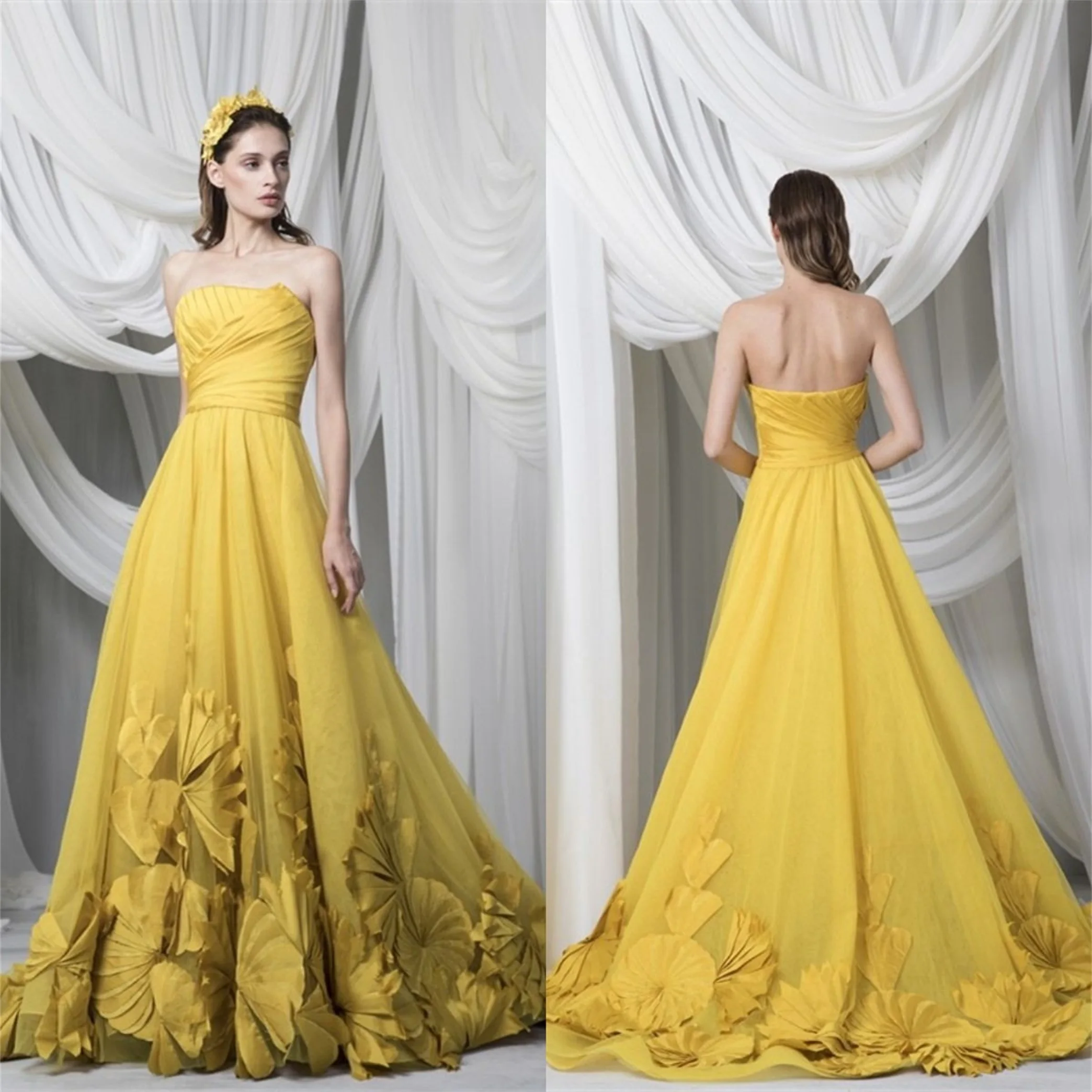 New Arrival Evening Dresses Sexy Strapless Appliques Lace Prom Gowns Custom Made Open Back Sweep Train Special Occasion Dress