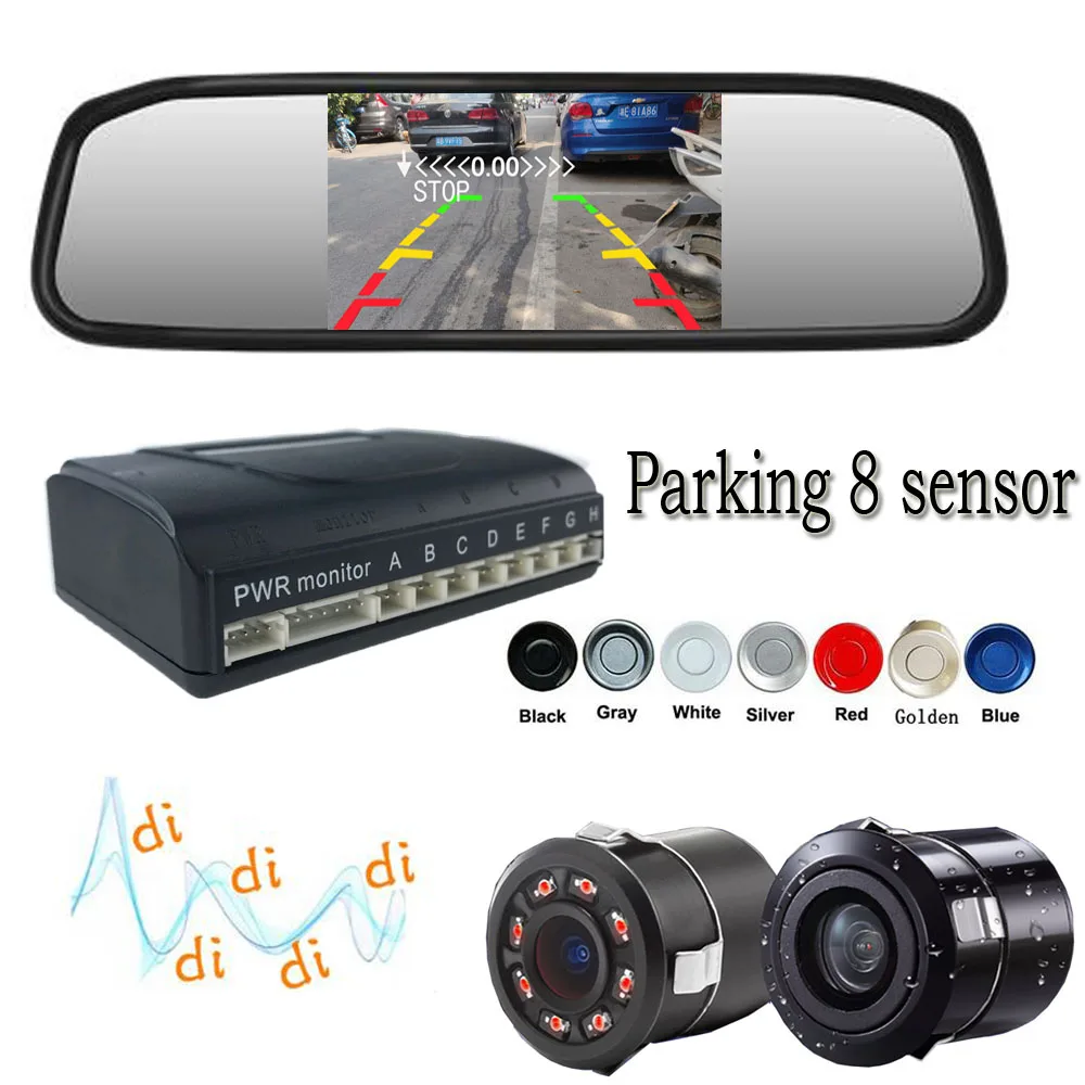 

Car Parking 8 Sensors Parktronics Reverse Radar Sound Buzzer Alarm Sound with 18.5mm Camera/Monitor Front&Rear Dual View assist