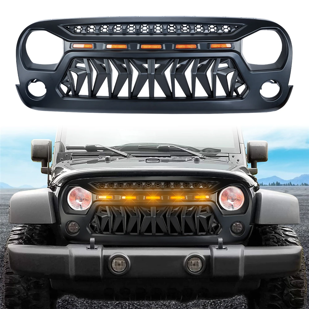 Black Car Front Racing Grille Upper Bumper Grill with Amber LED Running Lights for Jeep Wrangler JK JKU 2007-2018