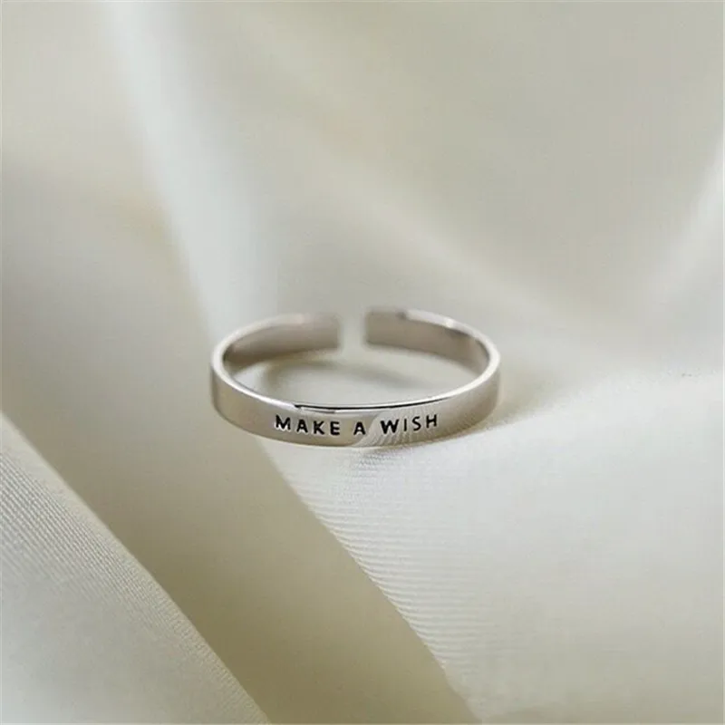 YIZIZAI Simple Make A Wish Matte Letter Ring for Women Men Retro Creative Opening Silver Color Finger Rings Party Jewelry Gifts