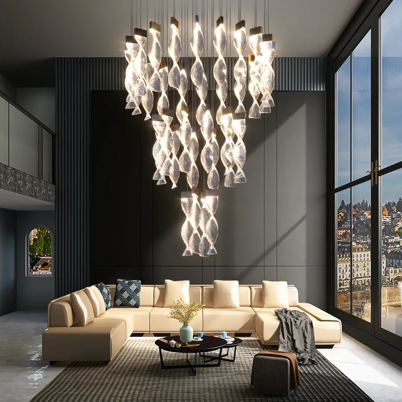 Modern Light Luxury Chandelier Loft Stairwell Long Chandelier Duplex Building Villa Light Guide Plate Twisted Strip Led Lamps