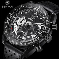 BENYAR Top Brand Luxury Watch Men Sport Quartz Male Chronograph Date Clock Military Army Black Genuine Leather Wristwatch 5120