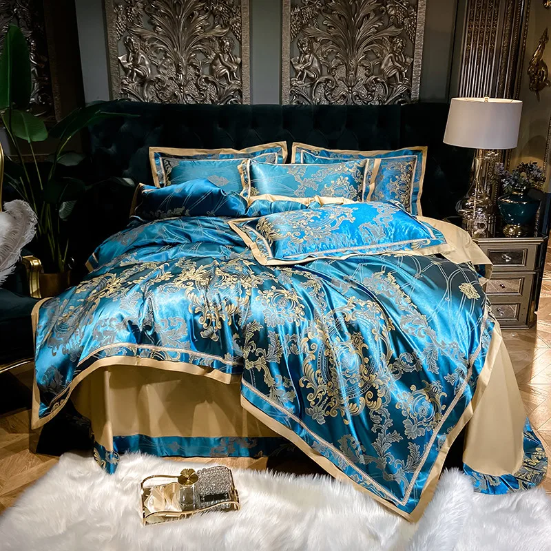 

Gemstones Blue Jacquard Satin Cotton Duvet Cover Set Queen King Luxury European Noble Hollow Out Bedding Bed Sheet Pillowcases