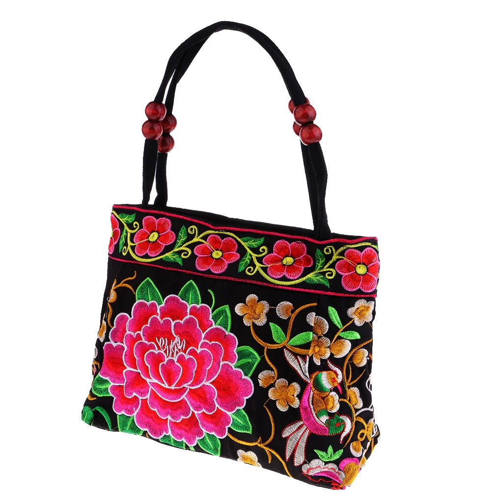 Floral Embroidery Travel Shoulder Bag - Boho Double-side Embroidered Flower Canvas Bag for Women