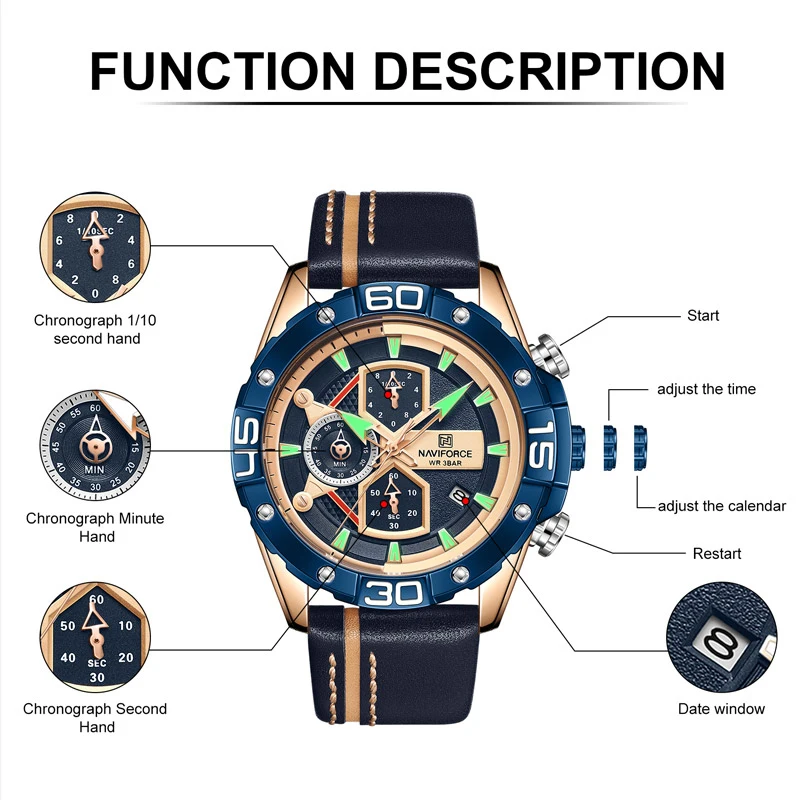 NAVIFORCE Sports Watches for Men Luxury Brand Military Waterproof Genuine Leather Wrist Watch Man Clock Chronograph Wrist watch