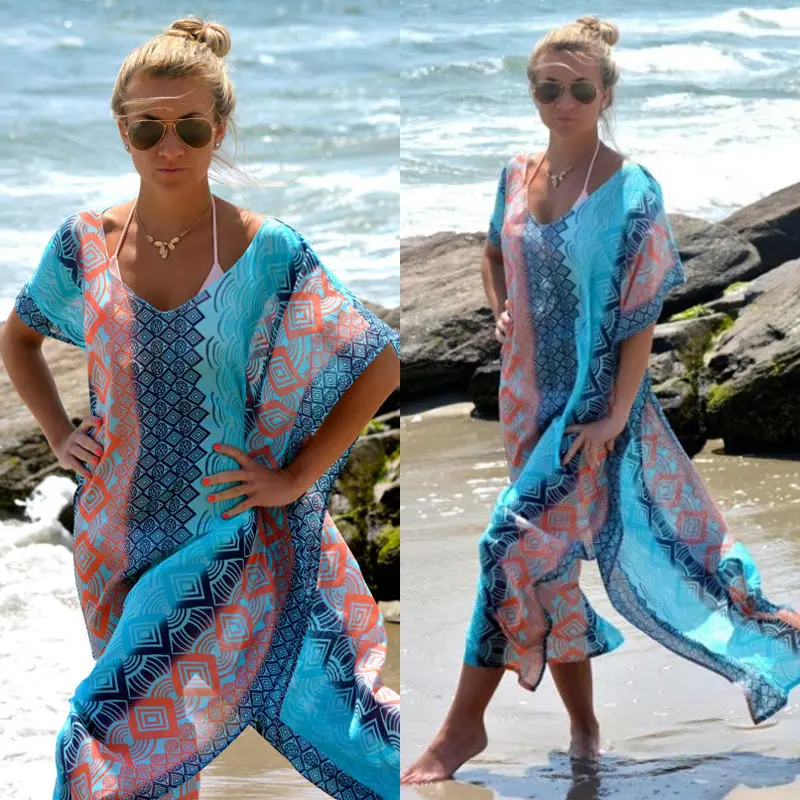 Boho Summer Printing Beach Dress Women Bathing Suit Cover Ups Sarong Bikini Long Robe Pareo Tunic Capes Kaftan Coverup