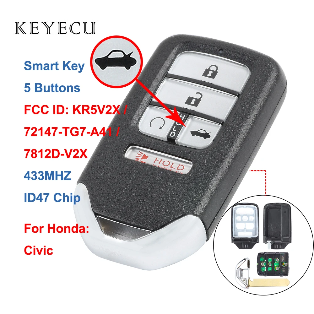 

Keyecu Smart Remote Car Key Fob 5 Buttons 433Mhz with ID47 Chip for Honda Civic US Market, FCC: KR5V2X, 72147-TG7-A41, 7812D-V2X