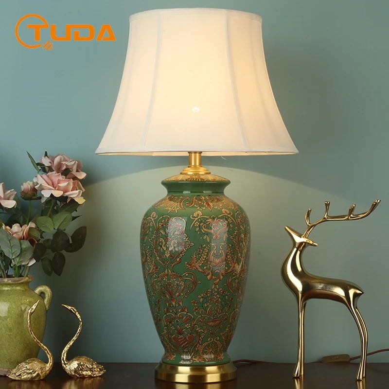 

TUDA American Retro Ceramic Table Lamp for Bedroom Living Room Bedside Lamp Study Desk Lamp Luxury Creative Printing Table Lamp