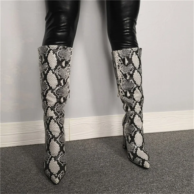 bota feminina snake skin print leather high heels botas knee high punk rain boots shoes woman pointy toe autumn winter chaussure