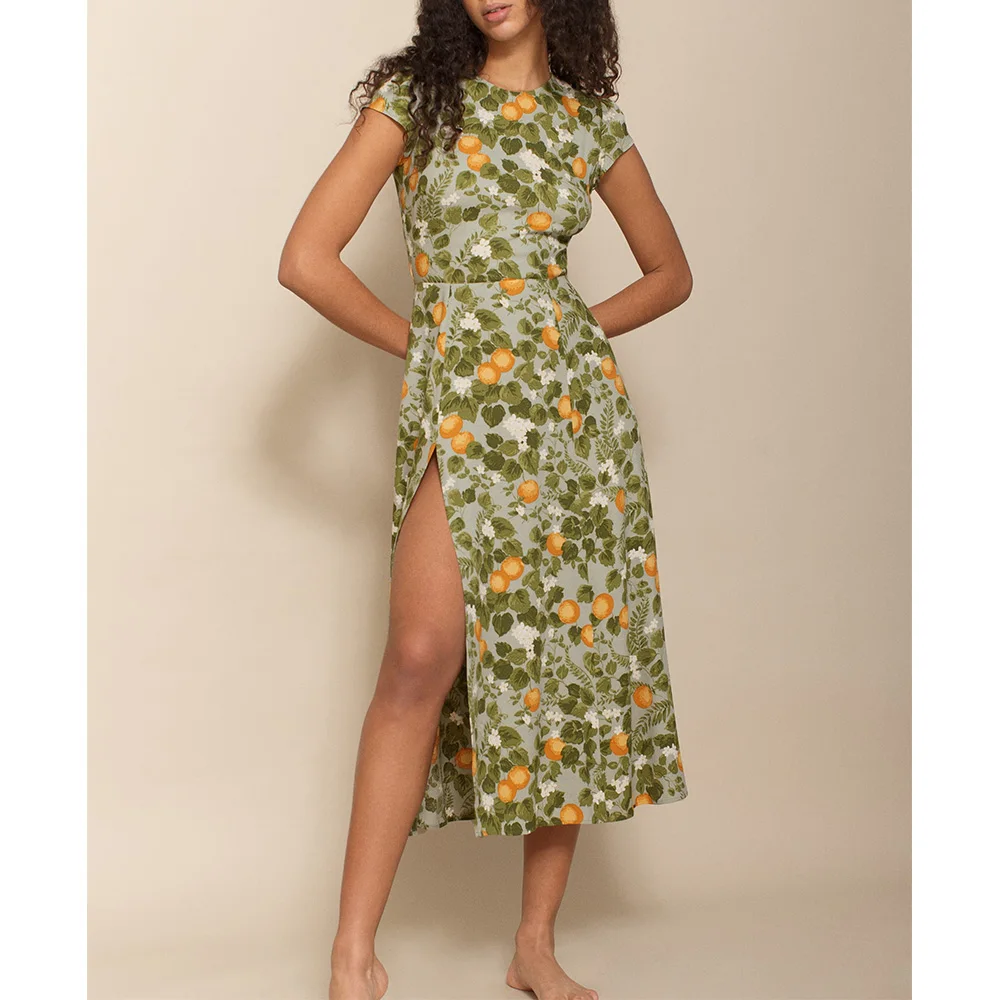 Women Dresses Summer 2021 O-Neck Short Cap Sleeve Vintage Elegant Print Chiffon Midi Dress With Slit Sexy Backless Beach Dress