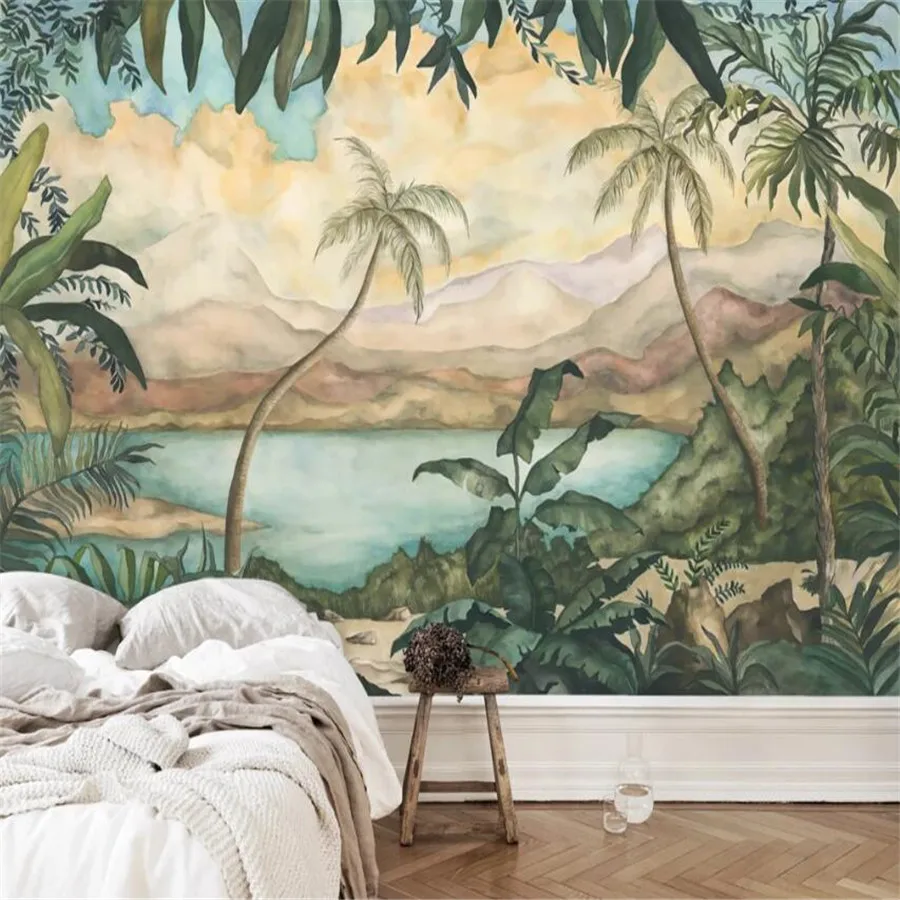 Customized 3D wallpaper mural modern retro nostalgic rainforest idyllic coconut tree landscape background wall luxury decoration