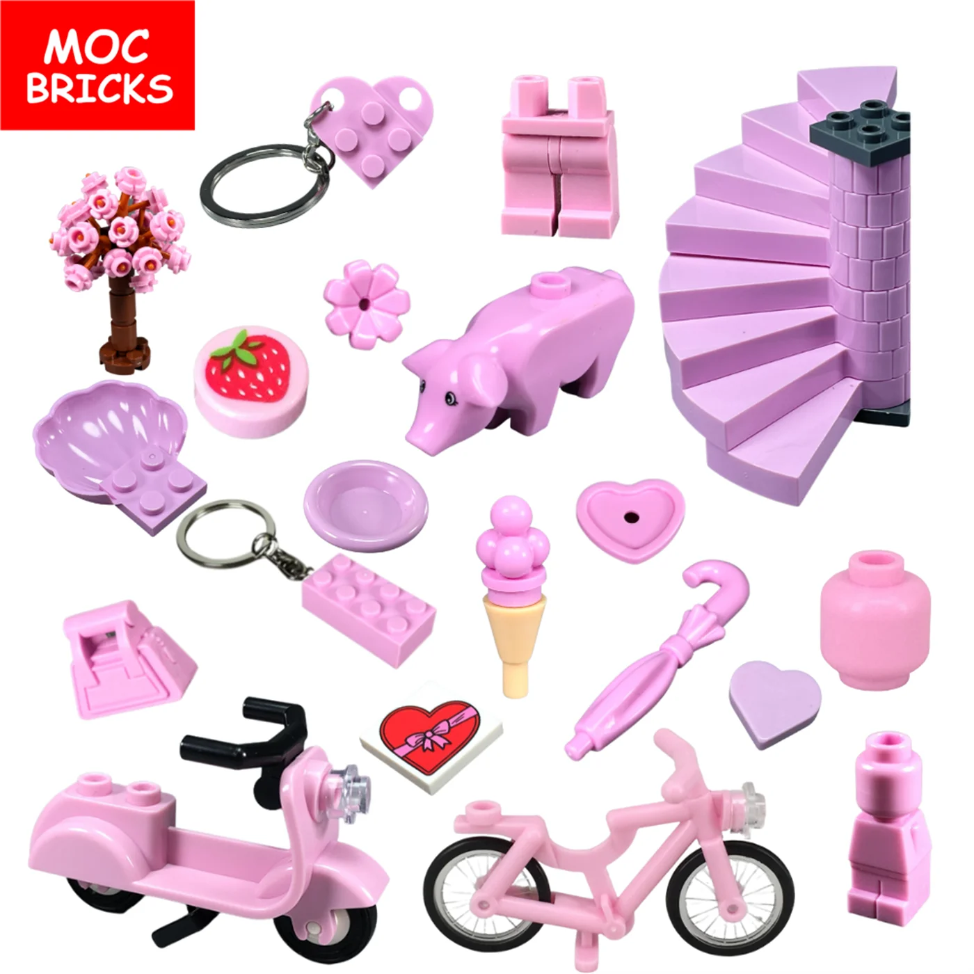 MOC Bricks Pink Romantic House decoration particles Heart bow Bag Dish Pants Building Block Children's Toys birthday Loving Gift