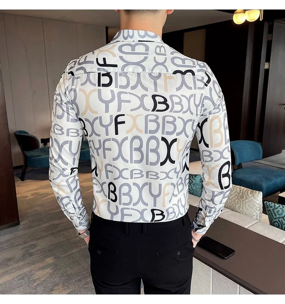 Men's Lapel Button Long-sleeved Shirts,Silky Slim Casual Shirts,Korean Men's Long-sleeved Printed Shirts Fashion Clothing Trends
