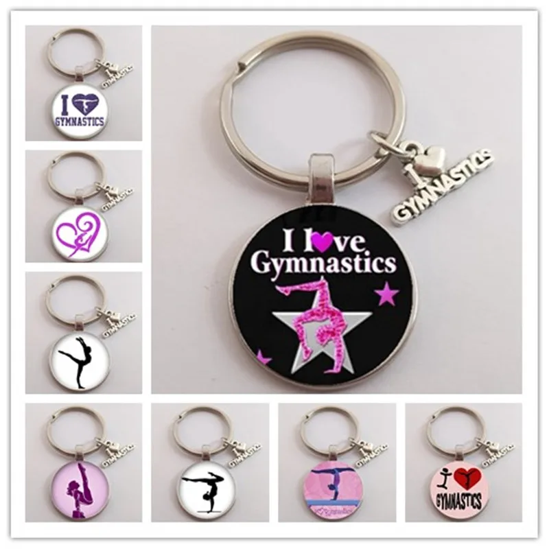 New fashion I love gymnastics keychain ladies men\'s accessories charm glass keychain ring jewelry