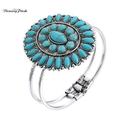 Banny Pink Indian Stone Beads Statement Charms Bangle Bracelet For Women Vintage Spring Metal Handcraft Bracelet Bangle Pulseras