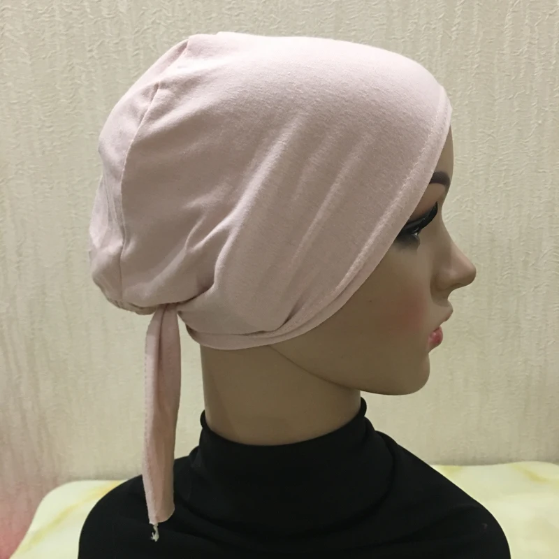 H048 Plain Cotton Tie Back Hats Muslim Turban Pure Color Stretch Inner Hijabs Underscarf Women Head Scarf Under Hijab Bonnet