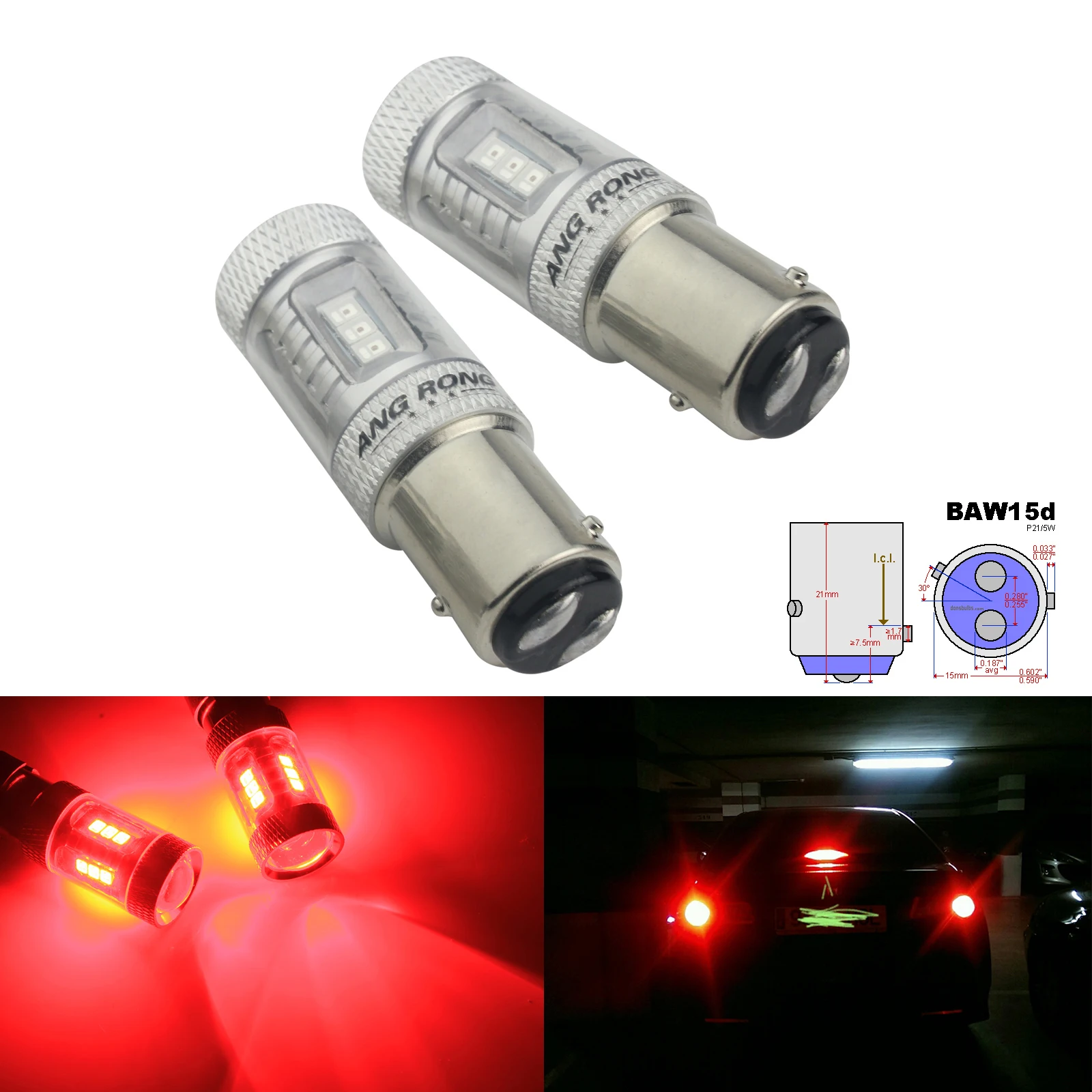 ANGRONG 2x BAW15d 567 PR21/5W Bulbs 15W LED Tail Stop Brake Rear Fog Light Red(CA317)