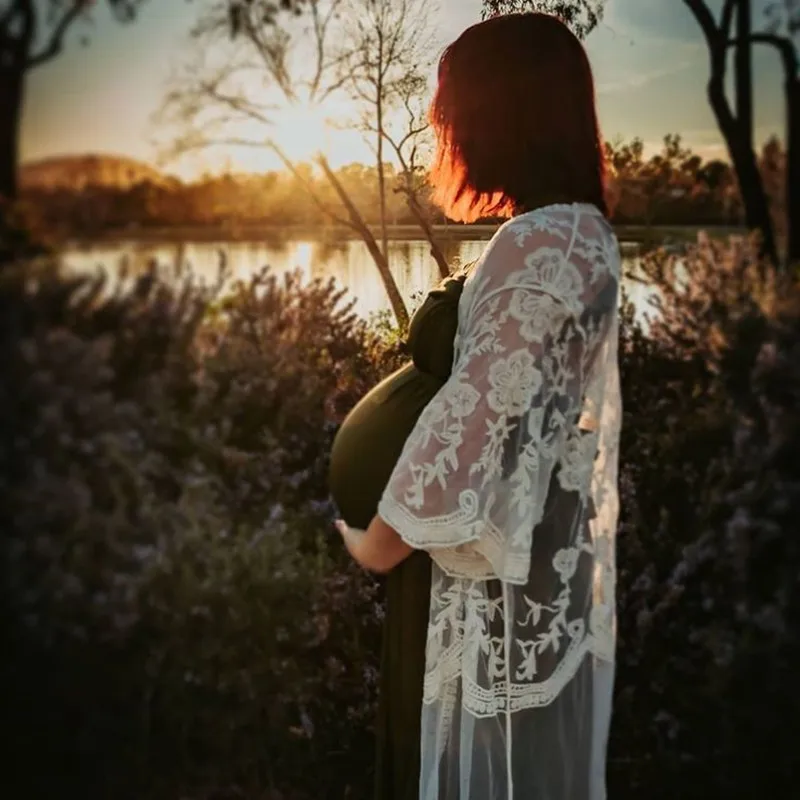 Boho Maternity Photography Kimono Dresses Crochet Lace Pregnancy Photo Shoot Dress See Through