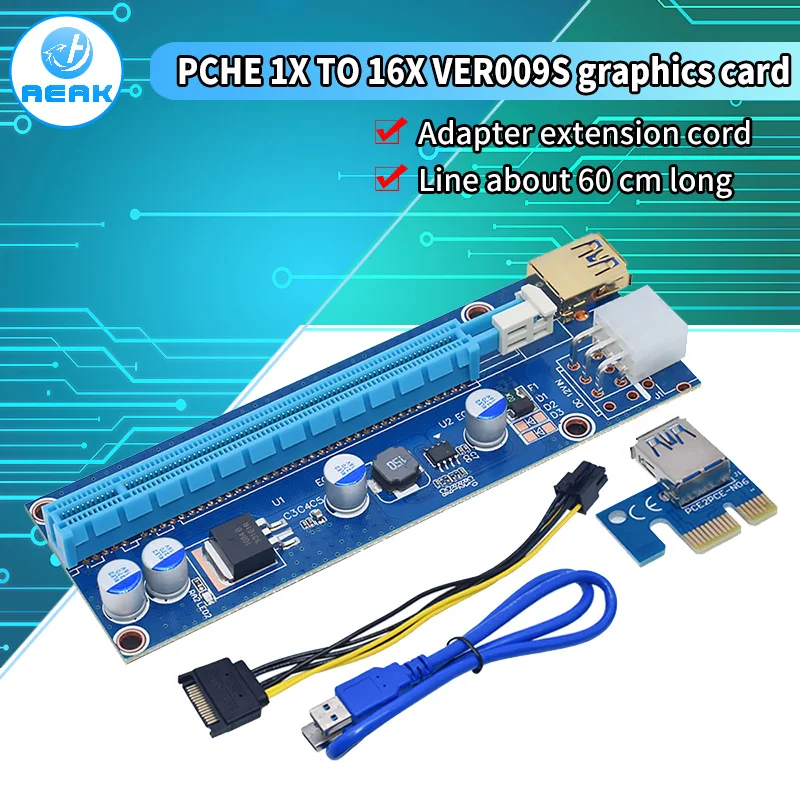 Golden 009S PCI-E Riser Card VER009 PCIE 1X to 16X Extender 6Pin Power 1M 0.6M 0.3M USB 3.0 Cable for Video Card Adapter