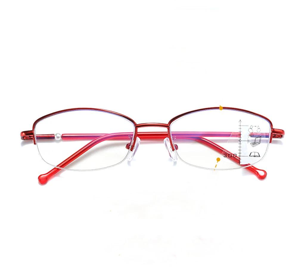 Progressive Multifocus Reading Glasses Women See Near and Far Half-rim Alloy Ultralight Anti-blu Light Red/pink +1 +1.5 +2 to +4