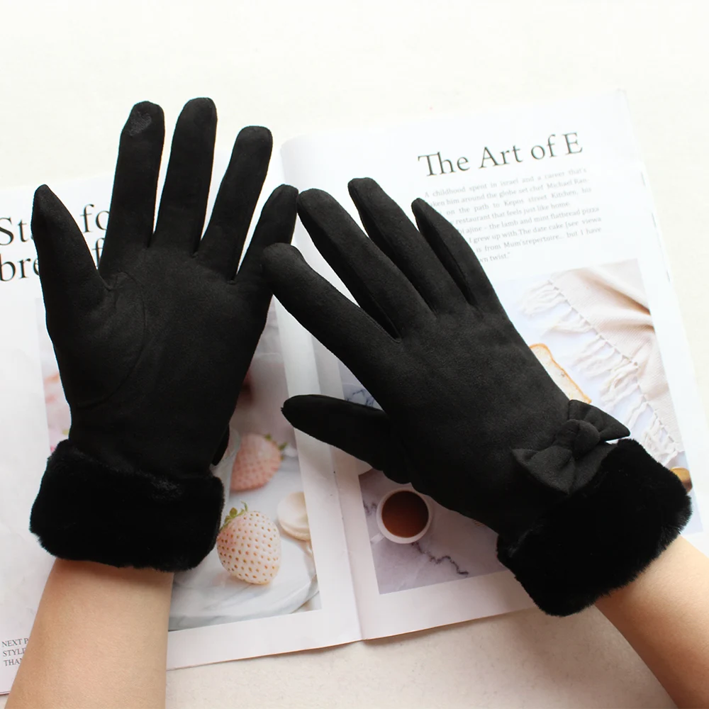 Winter warm gloves ladies touch screen color fashion bow thickened outdoor windproof and cold-proof suede gloves