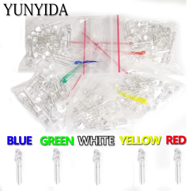 100pcs＝5value x 20pcs F5 5MM Round LED Light Assorted Kit DIY LEDs Set White Yellow Red Green Blue