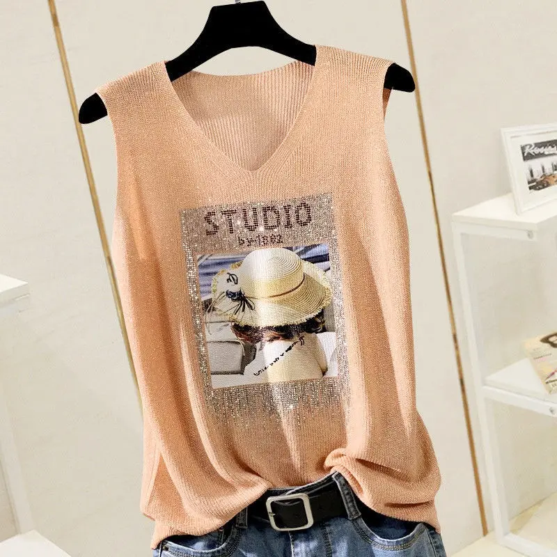 Women Vest Spring Summer New Sleeveless V-neckIce Silk Casual Loose Knitted Tank Pullover Top Korean Clothes Female Tank Tops